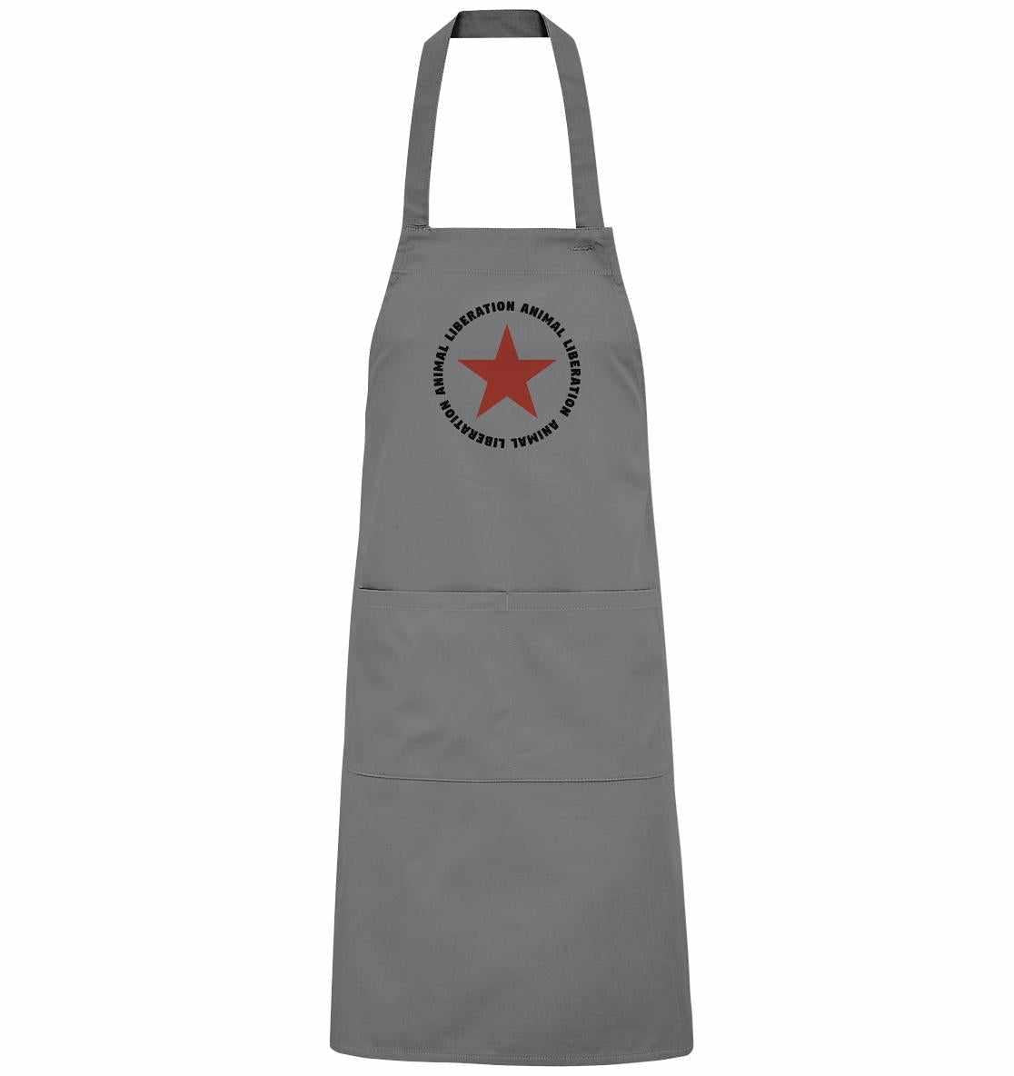 Vegan und Bio Schürze: Red Star and Animal Liberation, graue Grillschürze mit rotem Stern, verstellbar, aus Bio-Baumwolle, umweltfreundlich produziert, Design mit Botschaft von RUDE REBEL.