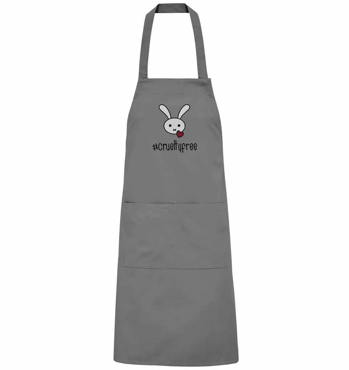 Dunkelgraue Schürze mit Hasenmotiv und #crueltyfree, breite Träger, lange Latzform