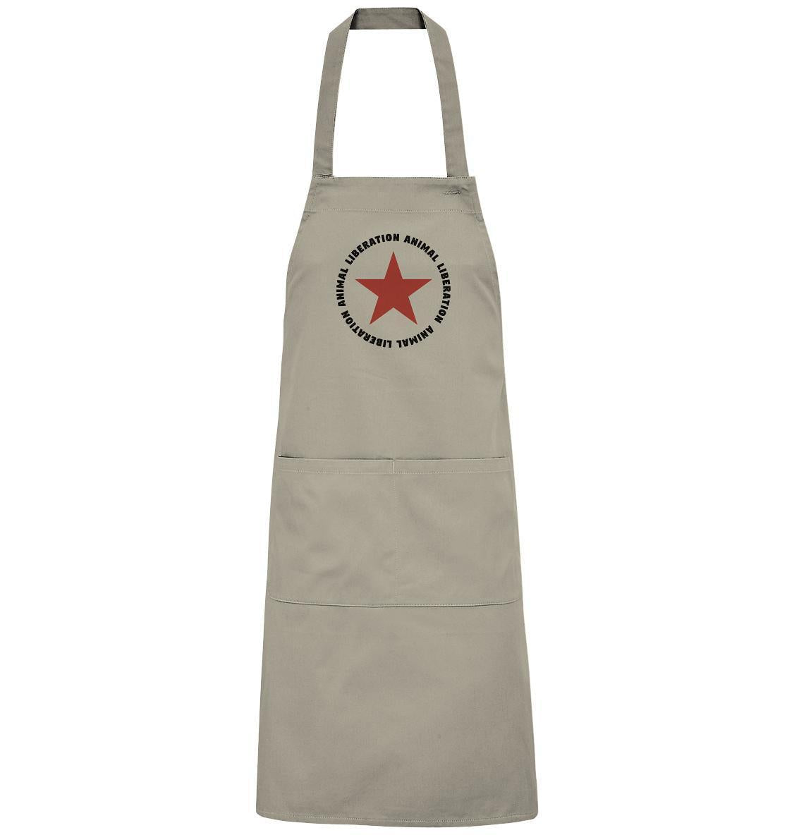 Graue Schürze mit rotem Stern, vegan und umweltfreundlich aus Bio-Baumwolle, verstellbarer Ausschnitt, große Vordertaschen. Design: Red Star and Animal Liberation.
