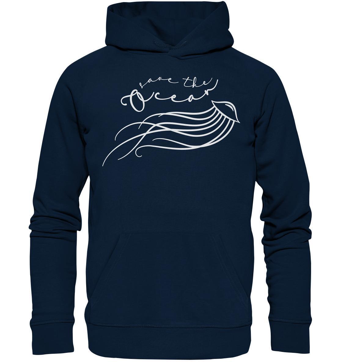 Vegan und Bio Hoodie: Jellyfish - Save the Ocean mit weißem Design, 100% Bio-Baumwolle, normaler Schnitt. Nachhaltig von RUDE REBEL, mit Kapuze und Metallkordelenden.