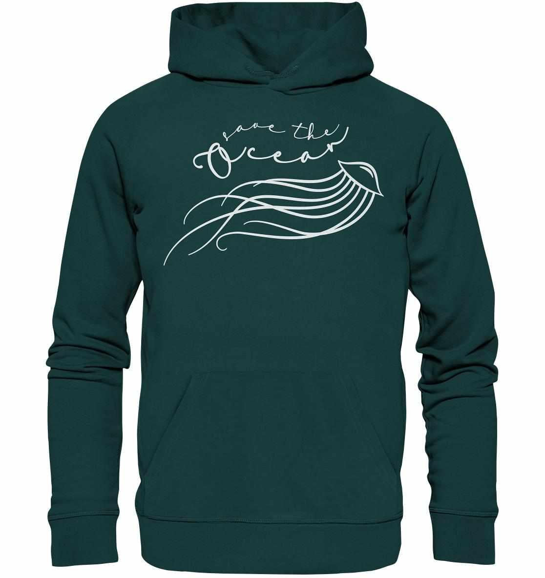 Vegan und Bio Hoodie: Jellyfish - Save the Ocean, grünes Sweatshirt mit weißem Schriftzug. Nachhaltiges Design aus Bio-Baumwolle mit doppelter Kapuze und Kordelenden aus Metall.