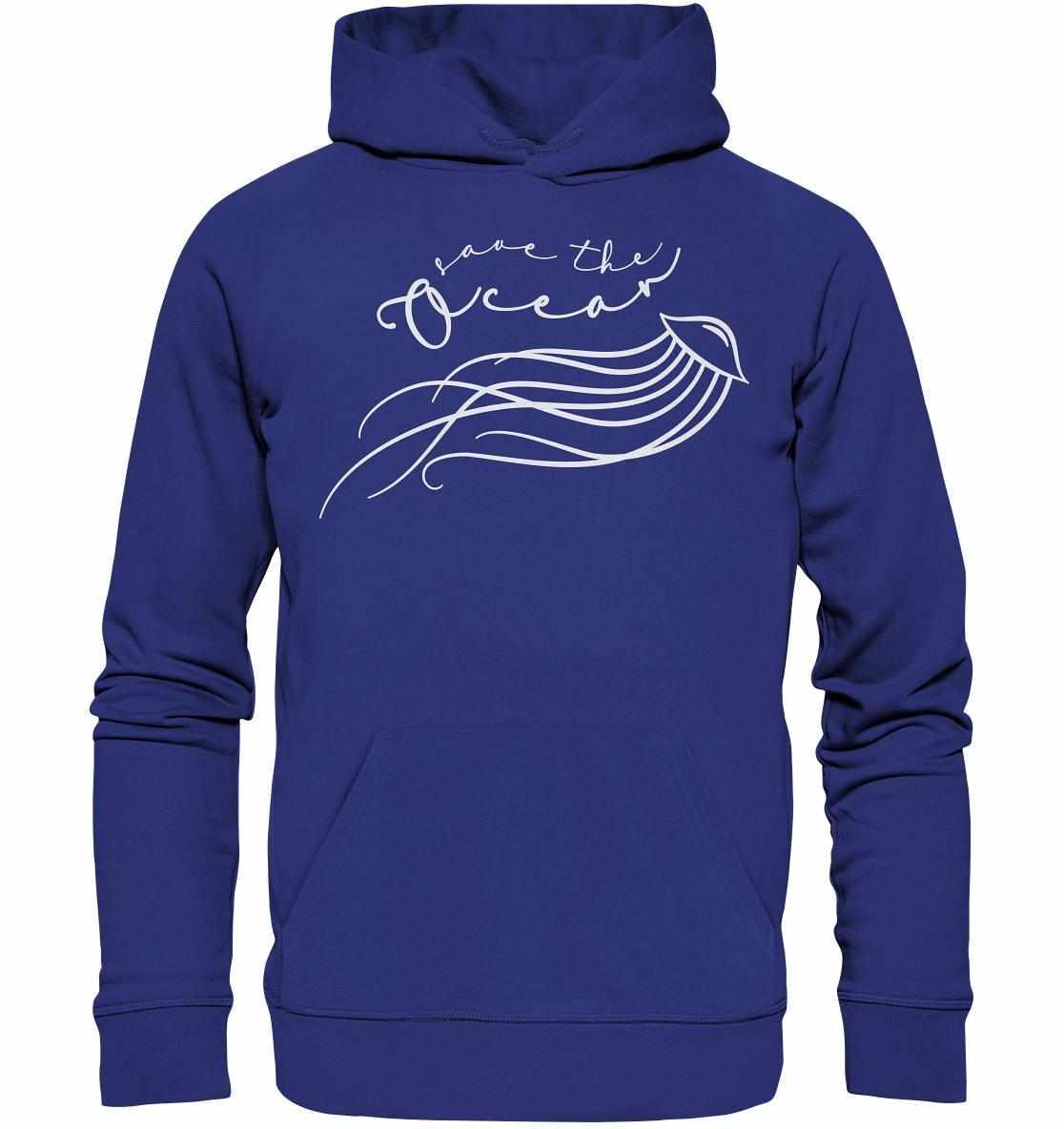 Vegan und Bio Hoodie: Jellyfish - Save the Ocean mit Quallen-Design und Aufruf zum Meeresschutz, aus 100% Bio-Baumwolle, normale Passform, doppelte Kapuze.