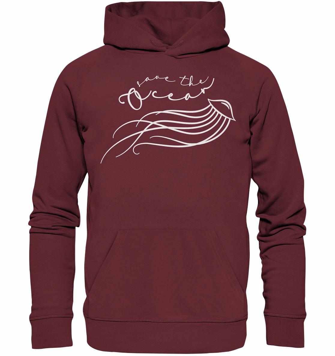 Vegan und Bio Hoodie: Jellyfish - Save the Ocean, maroon mit weißem Design, nachhaltige Bio-Baumwolle, normale Passform, langärmelig, doppelte Kapuze, von RUDE REBEL.