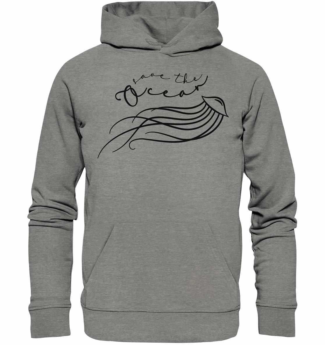 Vegan und Bio Hoodie: Jellyfish - Save the Ocean, grauer Kapuzenpullover mit Quallen-Design und Botschaft zum Meeresschutz, aus 100% Bio-Baumwolle, normale Passform, langärmlig.