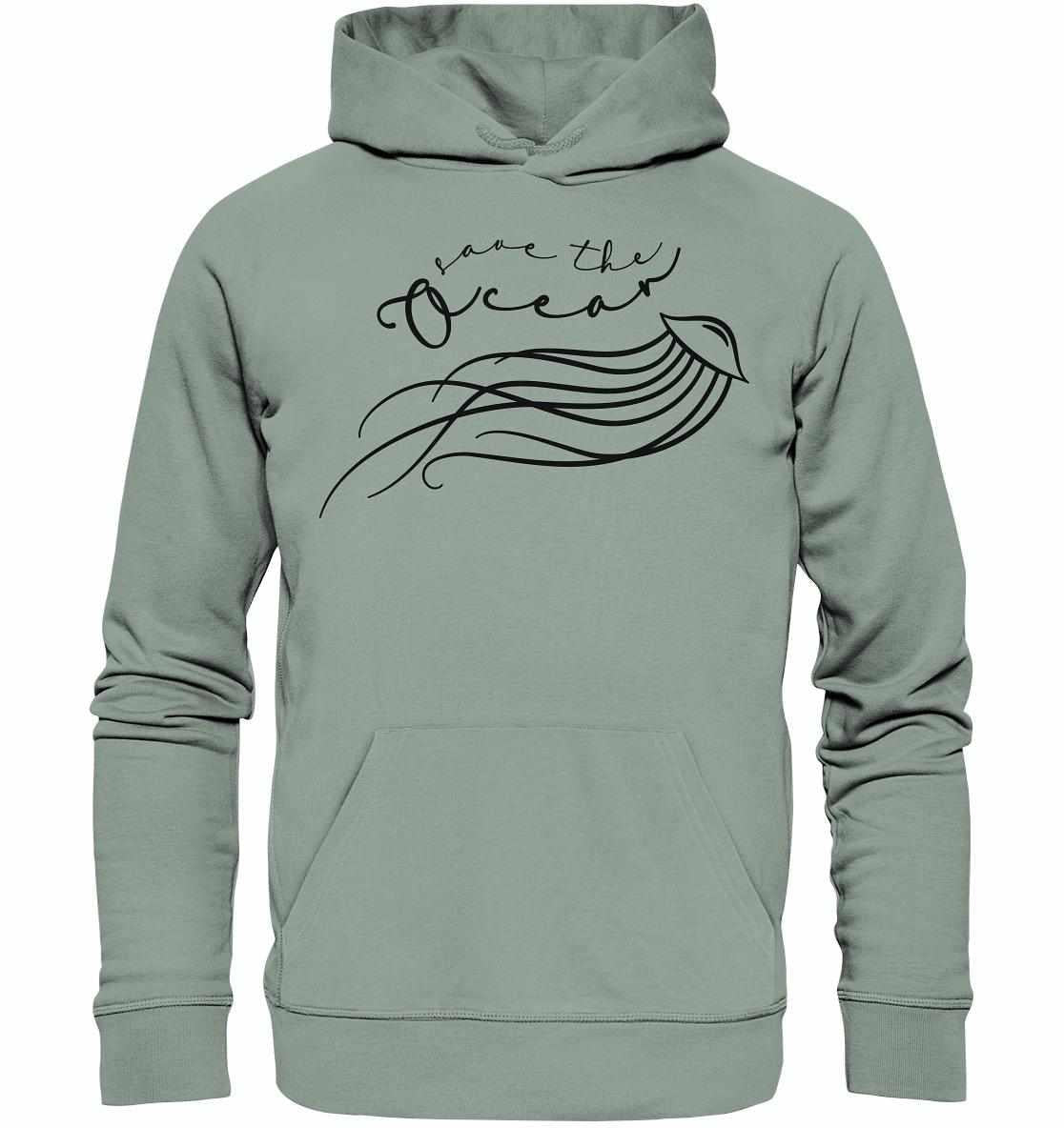 Vegan und Bio Hoodie: Jellyfish - Save the Ocean, graues Sweatshirt mit Quallendesign und Botschaft zum Meeresschutz, aus Bio-Baumwolle, von RUDE REBEL.