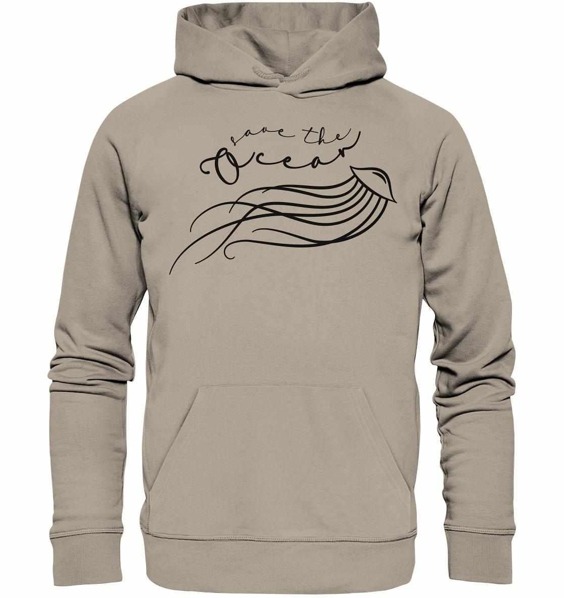 Vegan und Bio Hoodie: Jellyfish - Save the Ocean, grau mit Grafikdesign einer Qualle, aus 100% Bio-Baumwolle, doppelte Kapuze, normale Passform, langer Ärmel.