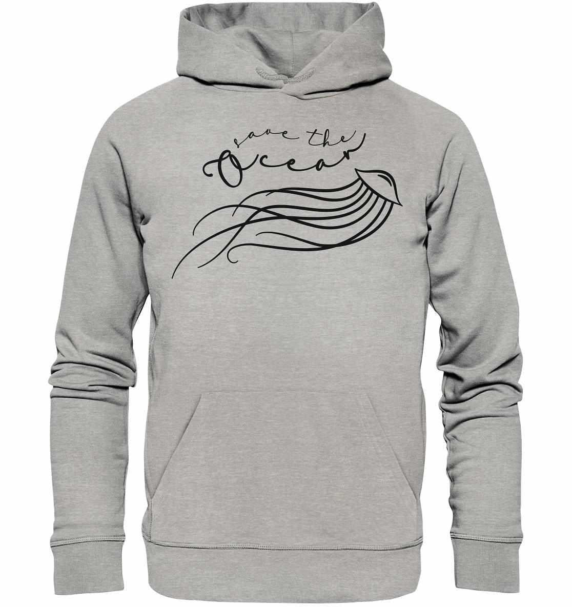 Vegan und Bio Hoodie: Jellyfish - Save the Ocean, grauer Kapuzenpullover mit grafischem Quallen-Design, aus 100% Biobaumwolle, betont Meeresschutz.