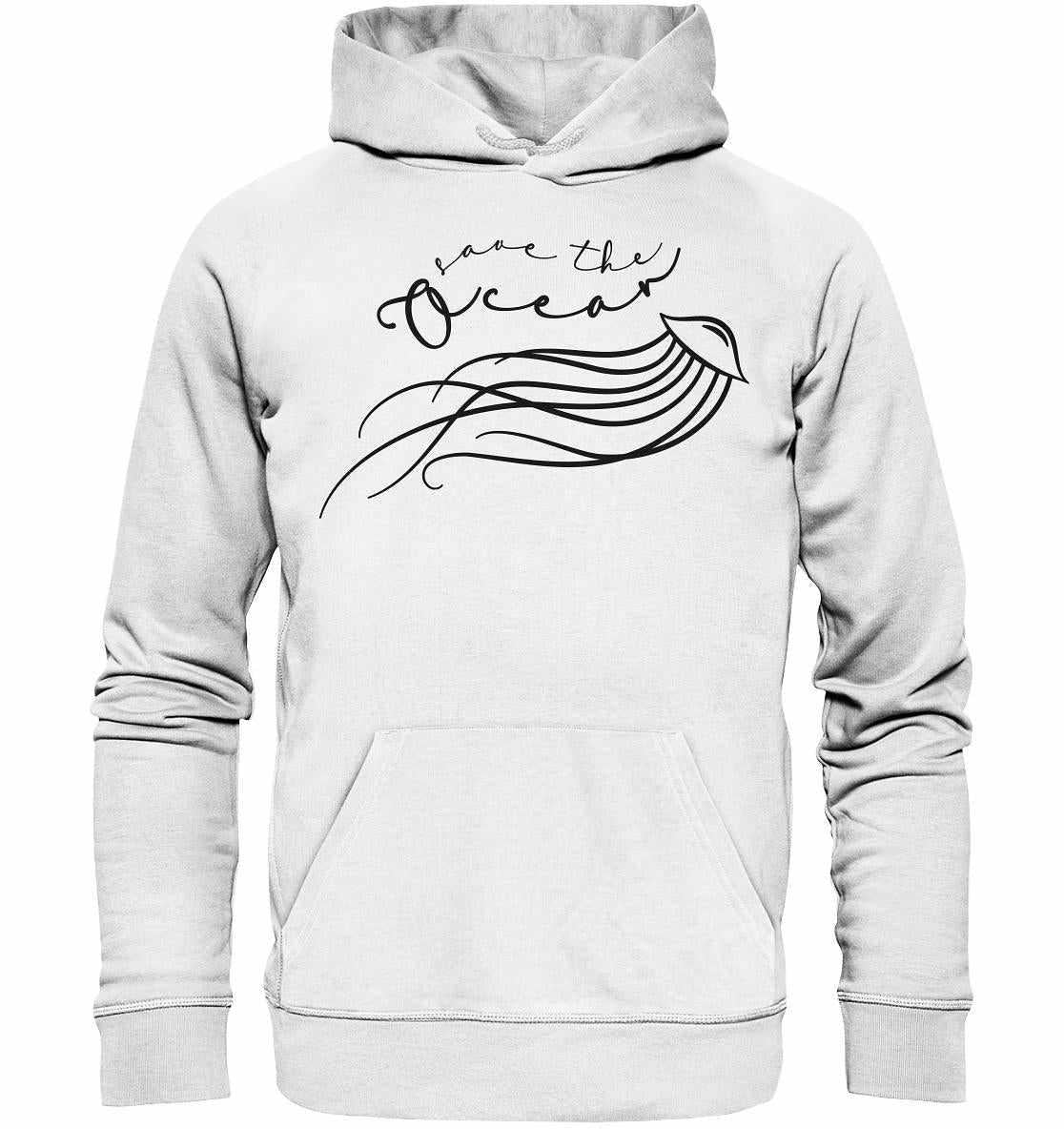 Vegan und Bio Hoodie: Jellyfish - Save the Ocean, weiß, mit grafischem Design einer Qualle und dem Schriftzug Save the Ocean, aus 100% Bio-Baumwolle.