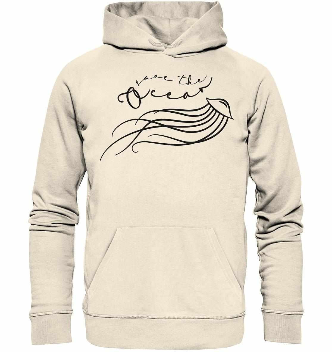 Vegan und Bio Hoodie: Jellyfish - Save the Ocean, weiß, mit minimalistischem Quallenmotiv und Save the Ocean Aufruf, aus 100% Bio-Baumwolle, normale Passform, doppelte Kapuze.