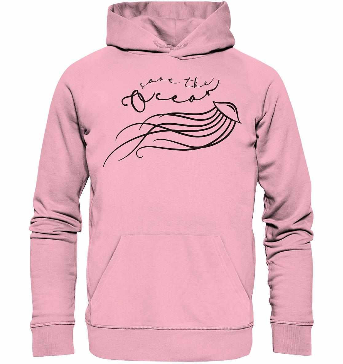 Vegan und Bio Hoodie: Jellyfish - Save the Ocean mit minimalistischer Quallen-Grafik und Apell Save the Ocean, aus 100% Bio-Baumwolle, normaler Schnitt, doppelte Kapuze.