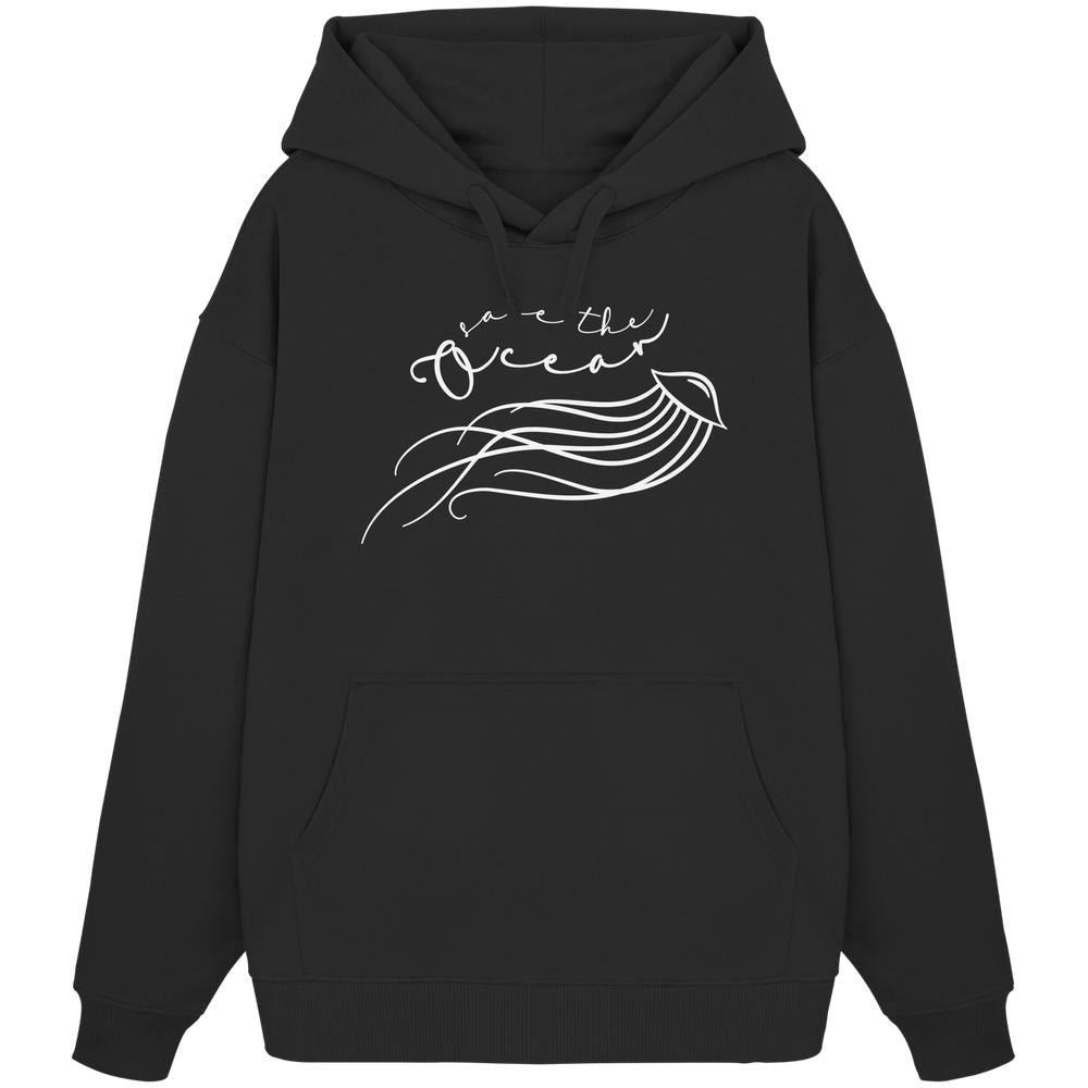 Vegan und Bio Oversized Hoodie: Jellyfish - Save the Ocean, schwarzer Hoodie mit weißem Quallen-Design, Kapuze und Kängurutasche, aus 100% Bio-Baumwolle.