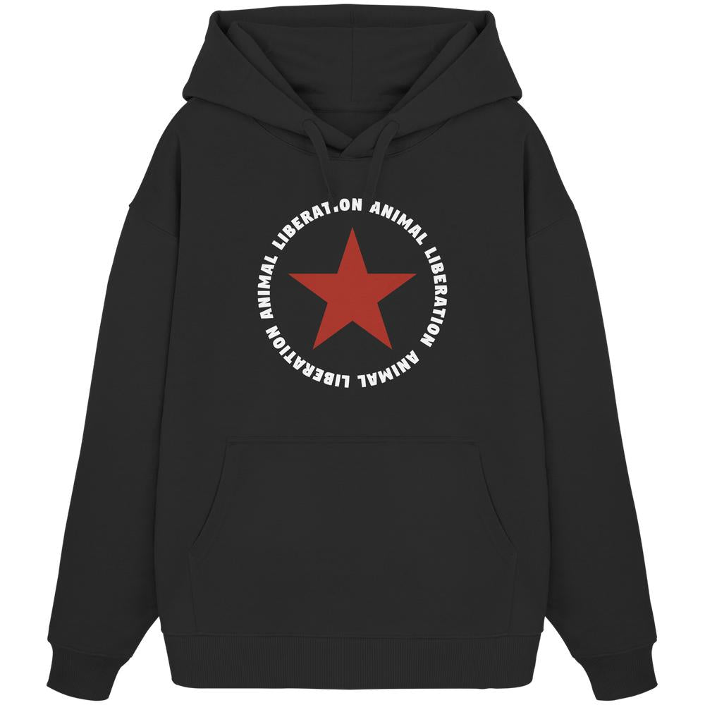 Vegan und Bio Oversized Hoodie: Red Star und Animal Liberation, schwarzer Hoodie mit rotem Stern, aus 100% Bio-Baumwolle, Kapuze und Kängurutasche, rebellisches Design.
