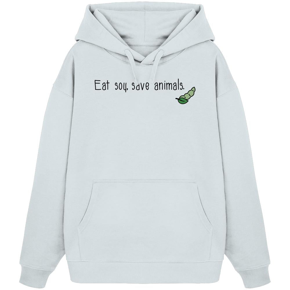 Vegan und Bio Oversized Hoodie: Veganism - Eat soy, save animals. Weißer Hoodie mit grünem Erbsenmotiv, 100% Bio-Baumwolle, Kängurutasche, flache Kordeln, rebellisches Design von RUDE REBEL.