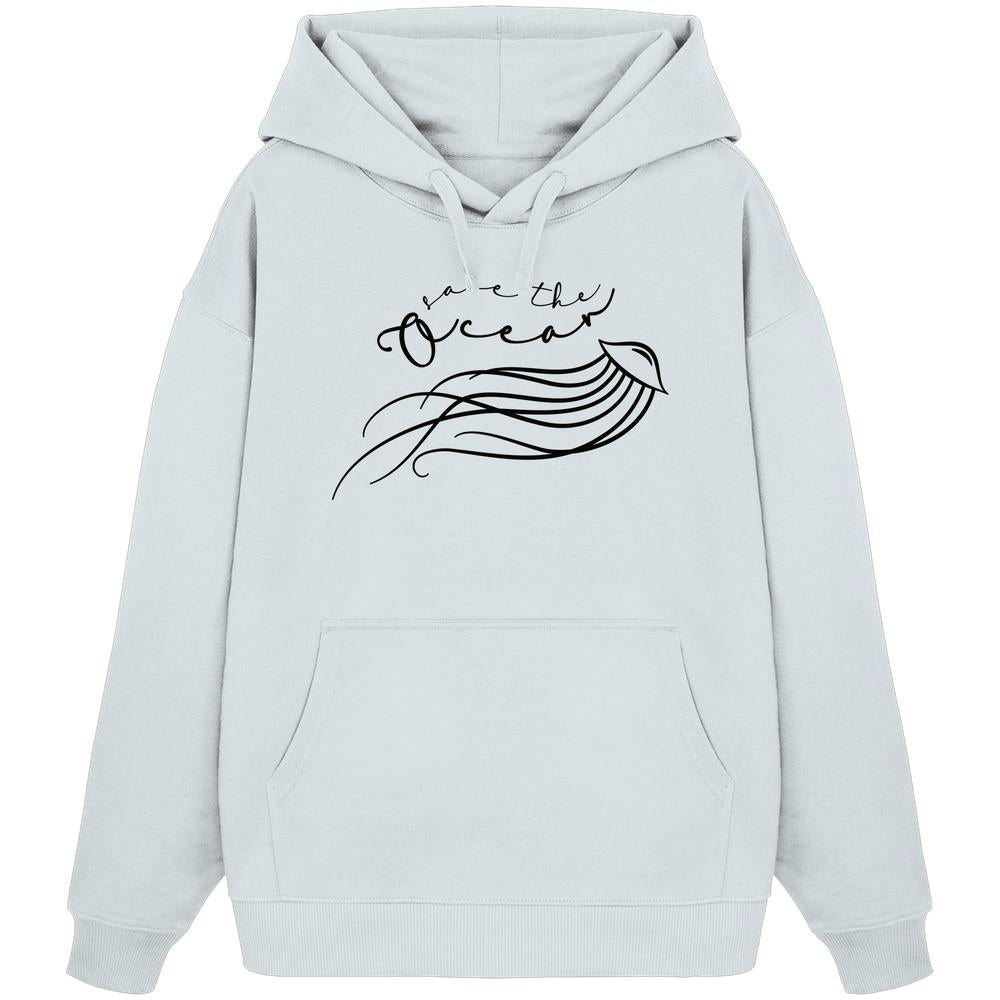 Vegan und Bio Oversized Hoodie: Jellyfish - Save the Ocean mit schwarzem Design auf weißem Stoff, Kapuze und Kängurutasche, aus 100% Bio-Baumwolle.