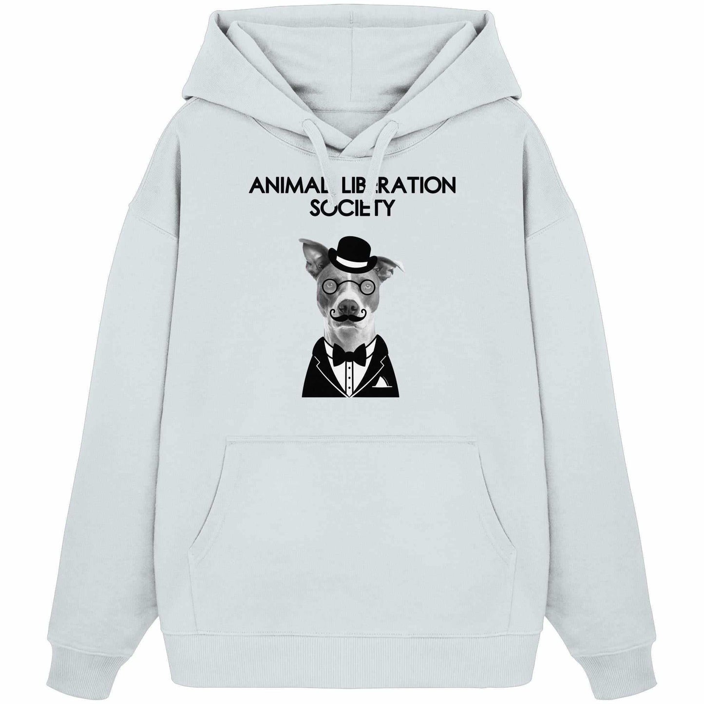 Vegan und Bio Oversized Hoodie: Mr. Dog - Animal Liberation Society, weiß, mit Hundemotiv samt Brille, Hut und Schnurrbart, aus 100% Bio-Baumwolle, Kängurutasche vorne.