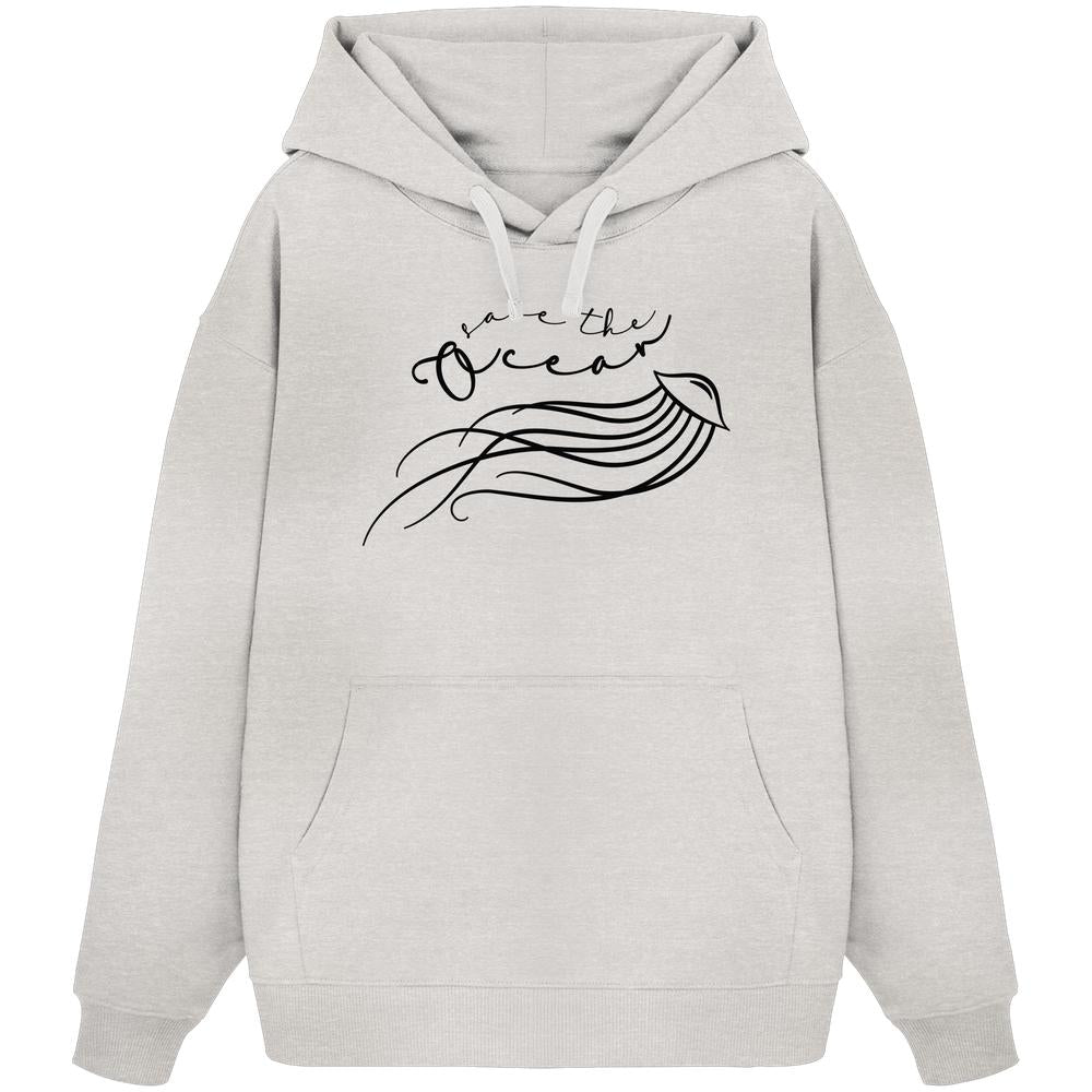 Vegan und Bio Oversized Hoodie: Jellyfish - Save the Ocean, zeigt minimalistische Quallengrafik, betont Meeresschutz, gefertigt aus 100% Bio-Baumwolle mit Kängurutasche und Kapuze.