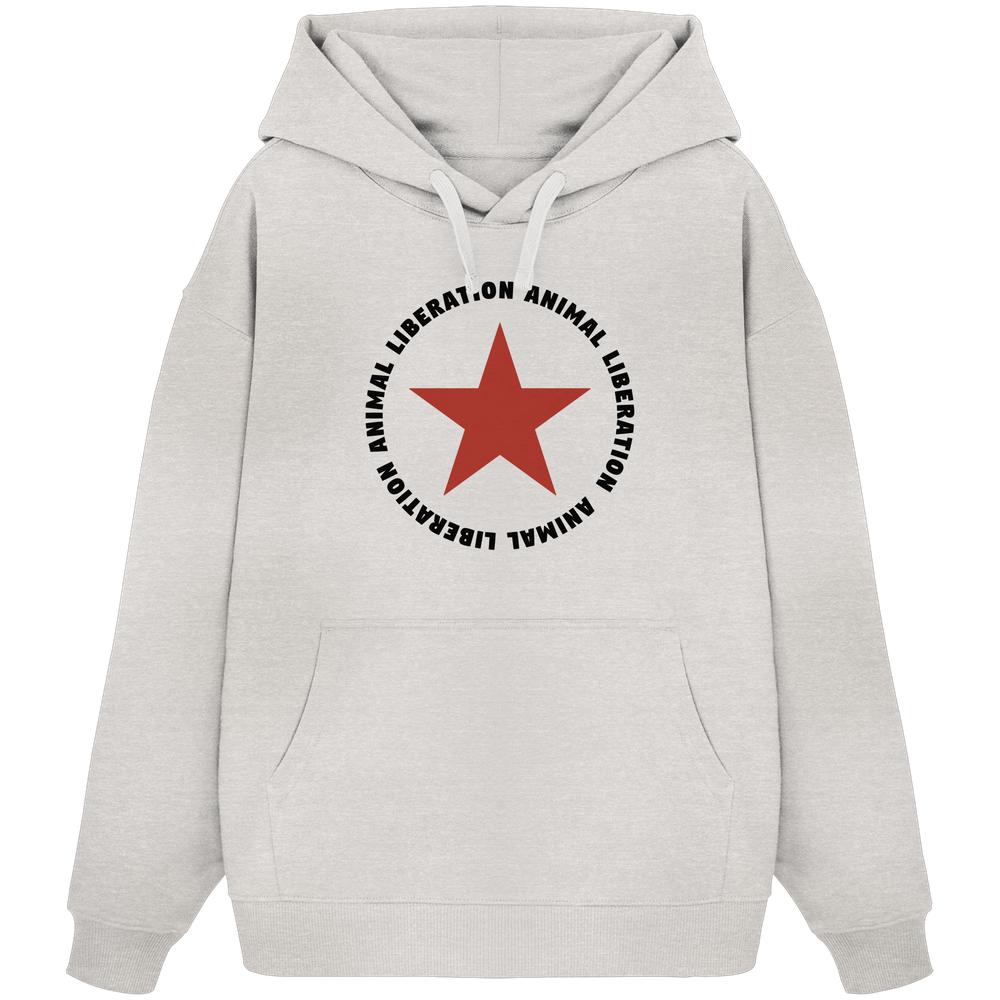 Vegan und Bio Oversized Hoodie mit rotem Stern und Animal Liberation-Text, aus 100% Bio-Baumwolle, Kapuze, Kängurutasche, designed von Sabrina Hofmann bei RUDE REBEL.