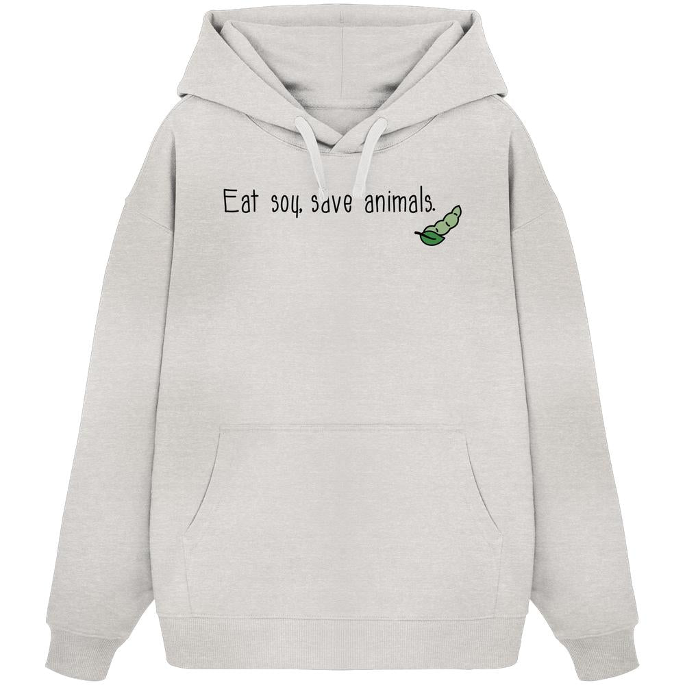 Vegan und Bio Oversized Hoodie mit grünem Caterpillar-Design, aus 100% Bio-Baumwolle, Kapuze, Kängurutasche. Thema: Veganismus, Tierschutz. Marke: RUDE REBEL.