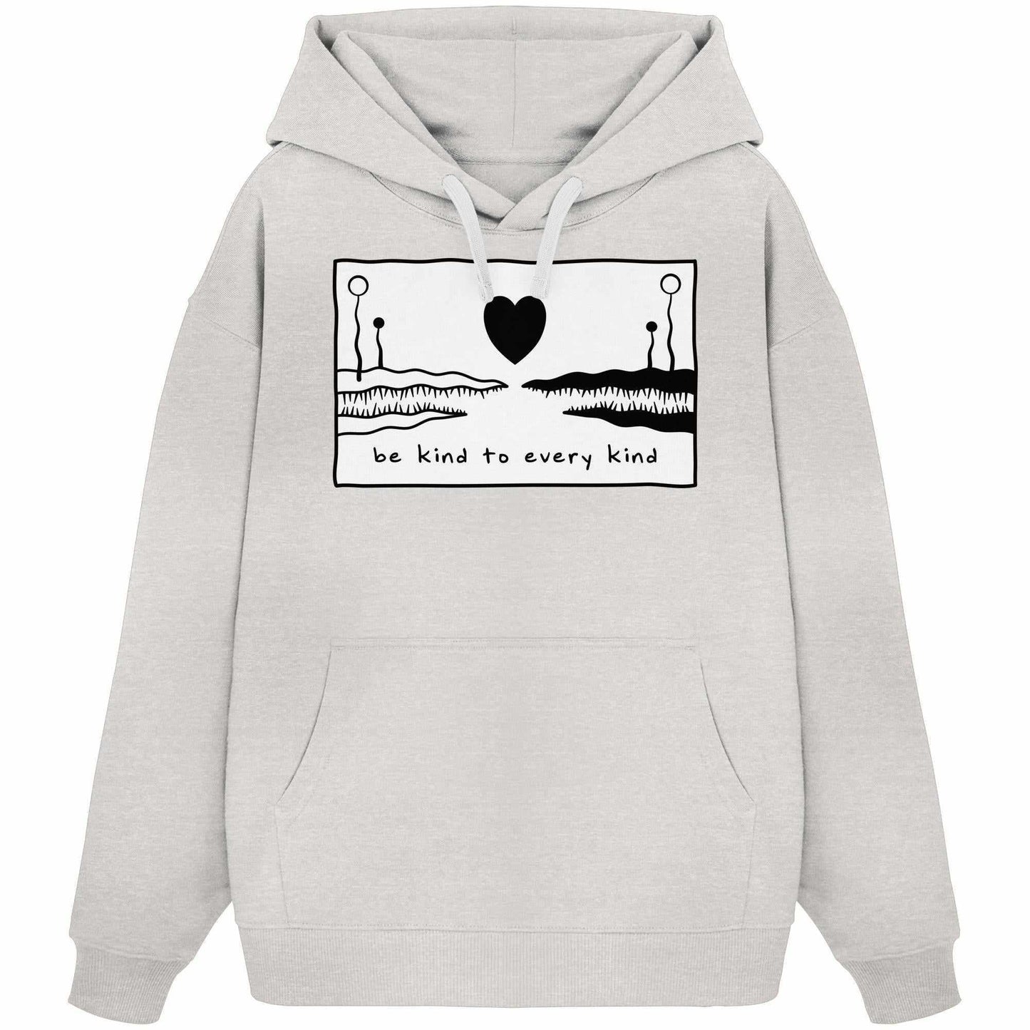 Vegan und Bio Oversized Hoodie: Be kind to every kind, grauer Hoodie mit Herzmotiv und Kängurutasche, aus 100% Bio-Baumwolle, rebellisches Design von RUDE REBEL.