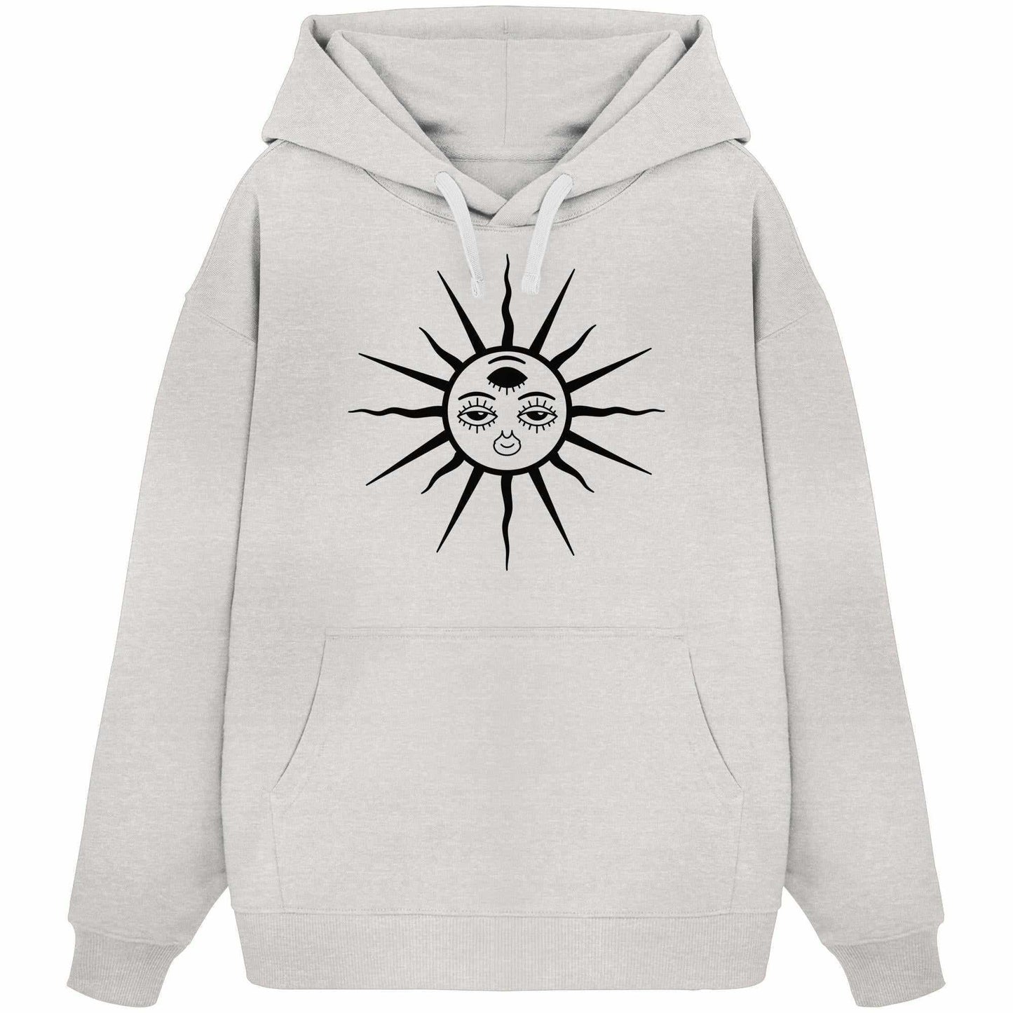 Vegan und Bio Oversized Hoodie mit Ethno-Design, zeigt eine Sonne mit drittem Auge. Perfekt für Goa Raves, aus 100% Bio-Baumwolle.