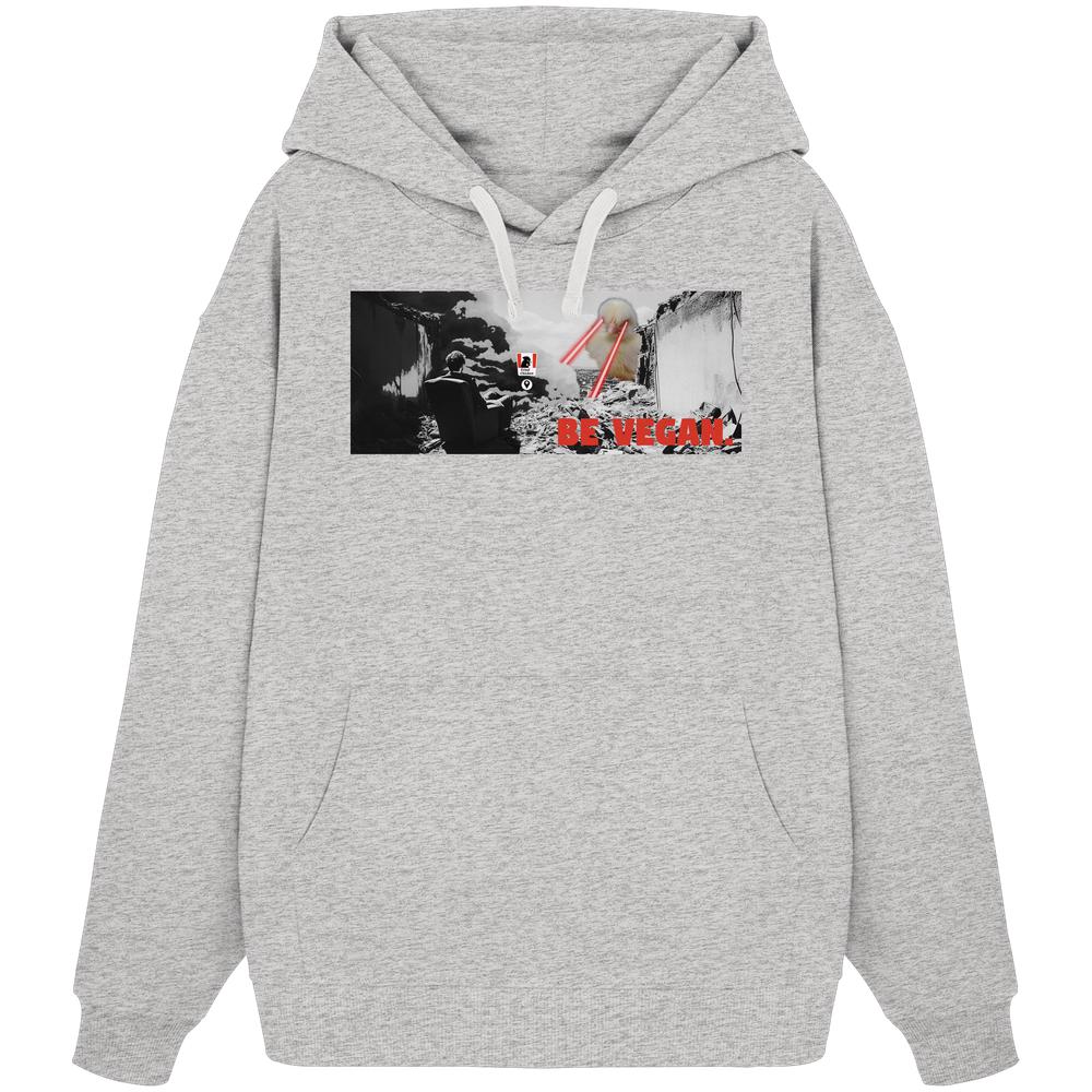 Vegan und Bio Oversized Hoodie: BE VEGAN. - Angry bird, mit Fotodruck und Grafik. Aus 100% Bio-Baumwolle, Kängurutasche, weiße Kordeln.