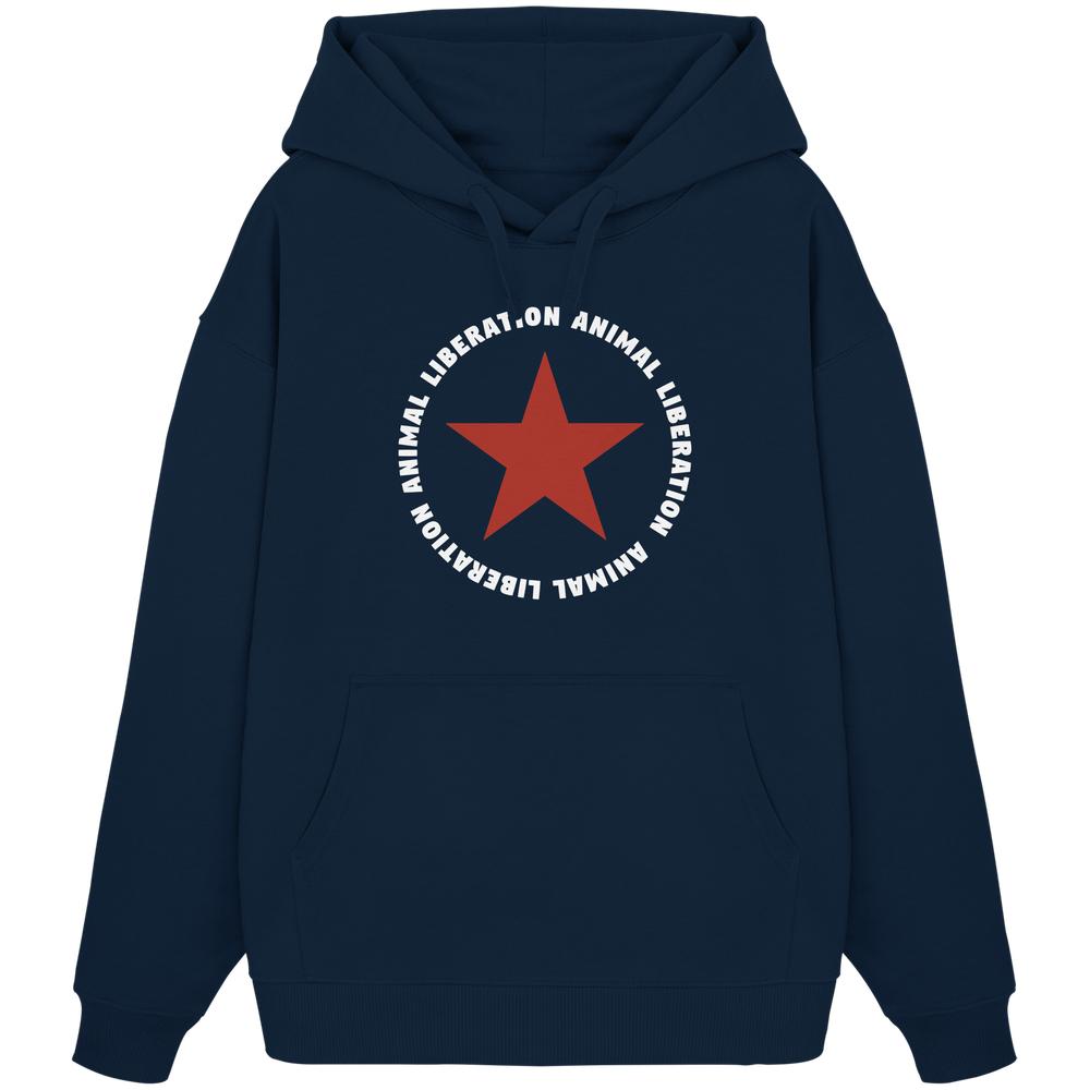 Vegan und Bio Oversized Hoodie: Red Star und Animal Liberation, aus 100% Bio-Baumwolle, blau mit rotem Stern und weißem Text, rebellisches Design.