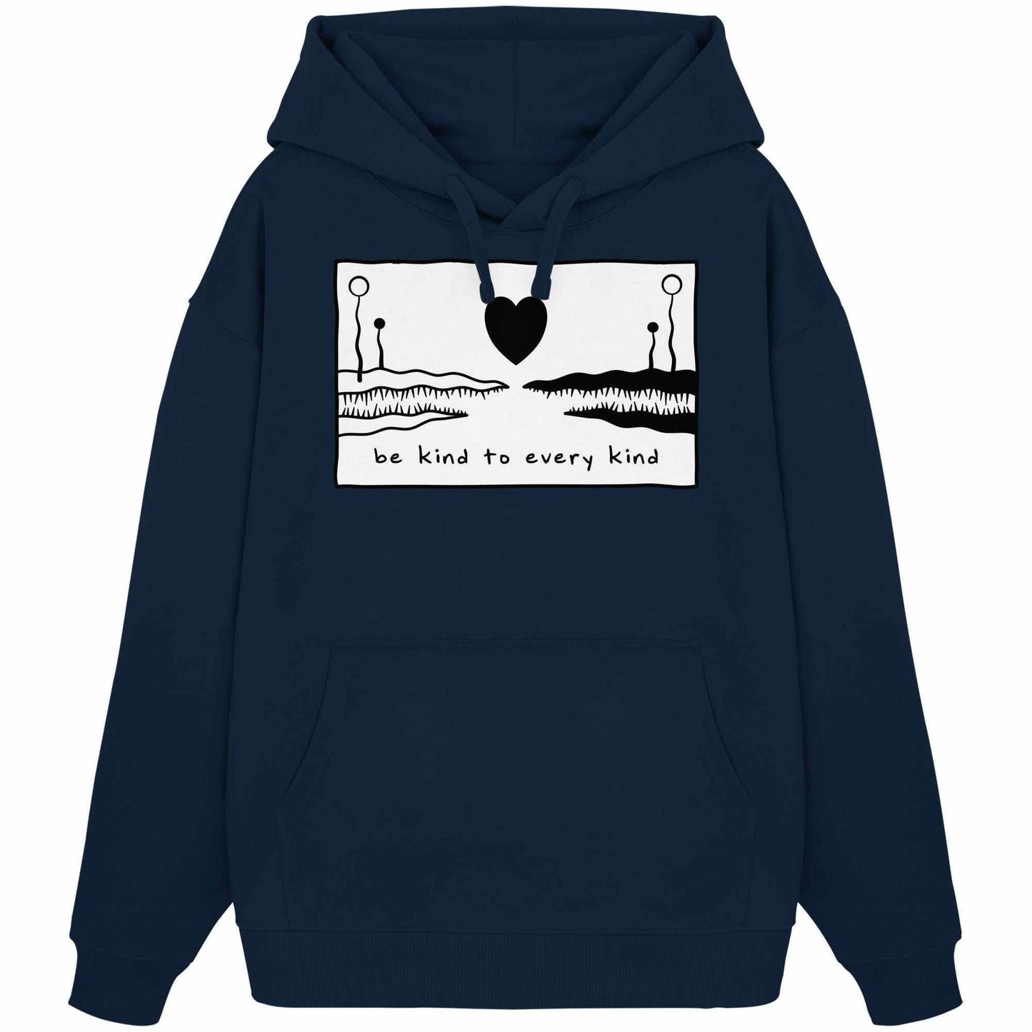 Vegan und Bio Oversized Hoodie: Be kind to every kind, mit schwarzem Design, Kängurutasche, Kapuze und Doppelabsteppung, aus 100% Bio-Baumwolle.