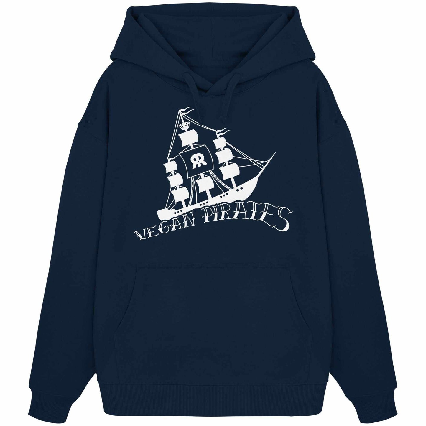 Vegan und Bio Oversized Hoodie: Vegan Pirates mit Piratenschiff-Design, aus 100% Bio-Baumwolle, oversized Schnitt, Kapuze, Kängurutasche, von RUDE REBEL.