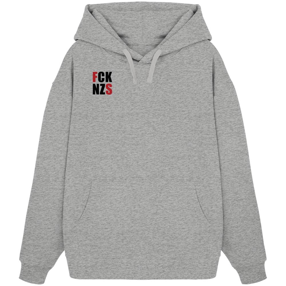 Vegan und Bio Oversized Hoodie: FCK NZS mit roten Highlights, aus 100% Bio-Baumwolle, mit Kängurutasche und Kapuze, rebellisches Statement gegen Nazis.