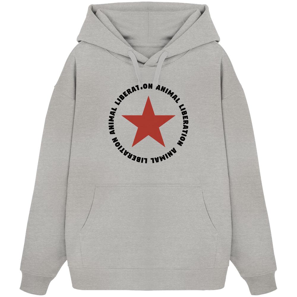 Vegan und Bio Oversized Hoodie: Red Star and Animal Liberation, graues Sweatshirt mit rotem Stern, aus 100% Bio-Baumwolle, oversized Schnitt, Kängurutasche, nachhaltiges Design.