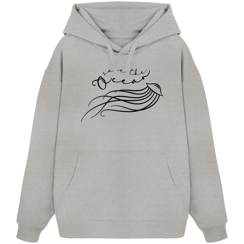 Vegan und Bio Oversized Hoodie mit Quallenmotiv und Save the Ocean-Design, aus 100% Bio-Baumwolle, mit Kapuze und Kängurutasche.