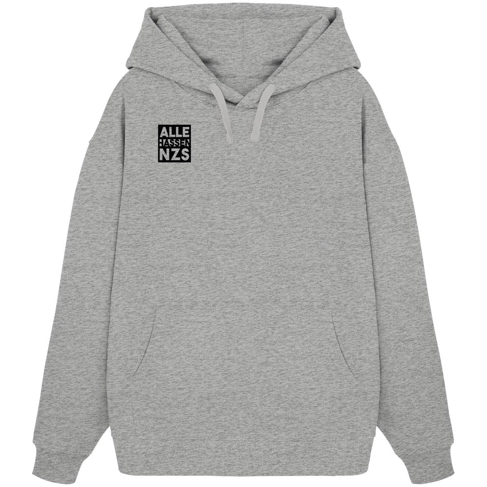 Vegan und Bio Oversized Hoodie: ALLE HASSEN NZS! Grauer Hoodie mit schwarzem Grafik-Text auf der Brust, 100% Bio-Baumwolle, rebellisches Design von RUDE REBEL.