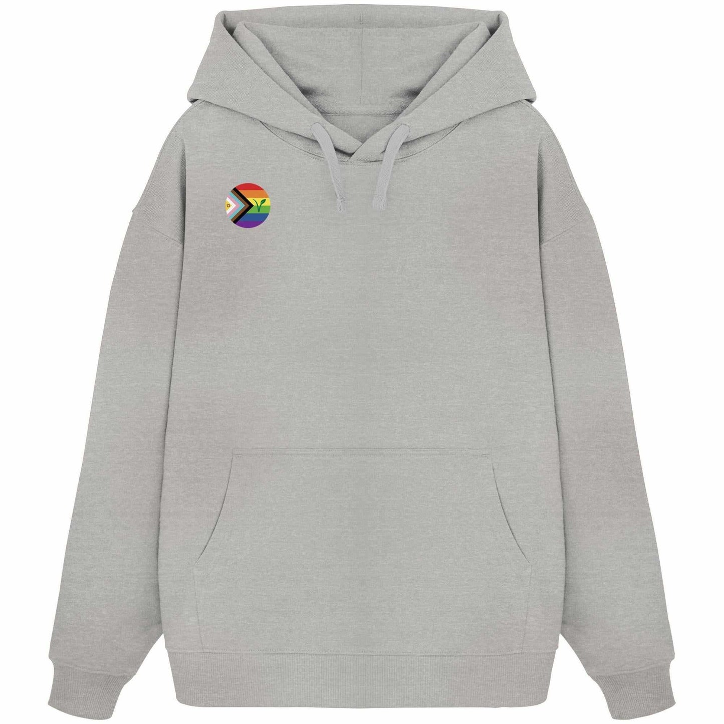 Vegan und Bio Oversized Hoodie: LGBTQIA+ VEGAN, grauer Kapuzenpullover mit Regenbogenlogo und Pflanze, aus 100% Bio-Baumwolle, rebellisches Design von RUDE REBEL.