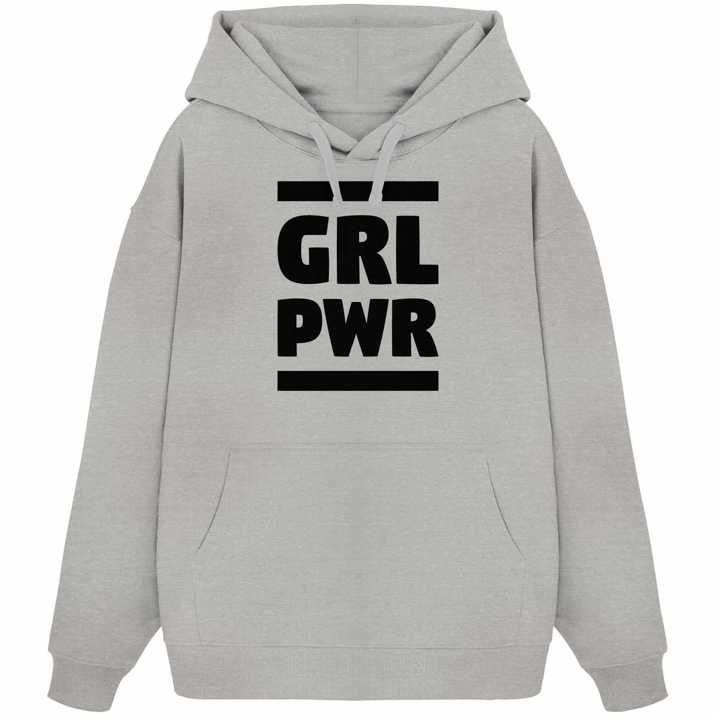 Vegan und Bio Oversized Hoodie: GIRL POWER mit feministischer Botschaft, grauer Kapuzenpullover aus Bio-Baumwolle, Kängurutasche, flache Kordeln, designed von RUDE REBEL.