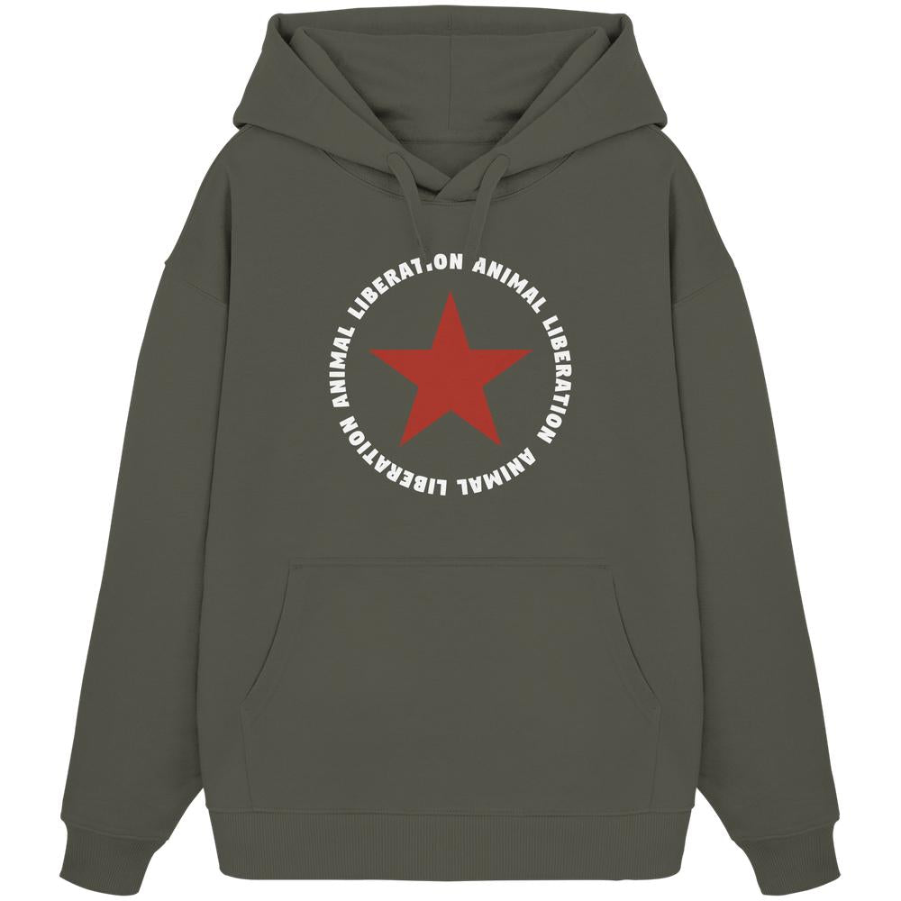 Vegan und Bio Oversized Hoodie mit rotem Stern und Botschaft zur Tierrechtsbefreiung, gefertigt aus 100% Bio-Baumwolle, Kängurutasche, Set-In-Ärmel.