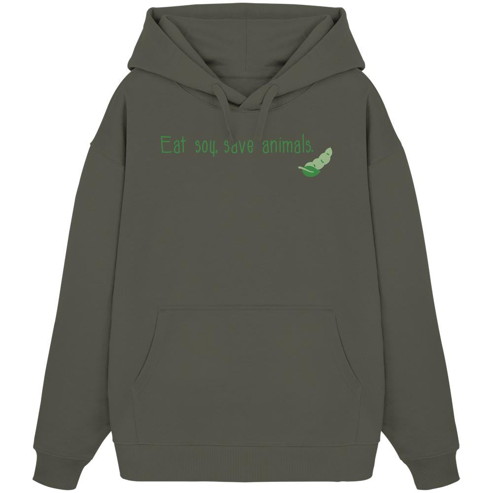 Vegan und Bio Oversized Hoodie mit grünem Veganism - Eat soy, save animals. Logo auf grauem Hintergrund, aus 100% Bio-Baumwolle, von RUDE REBEL.