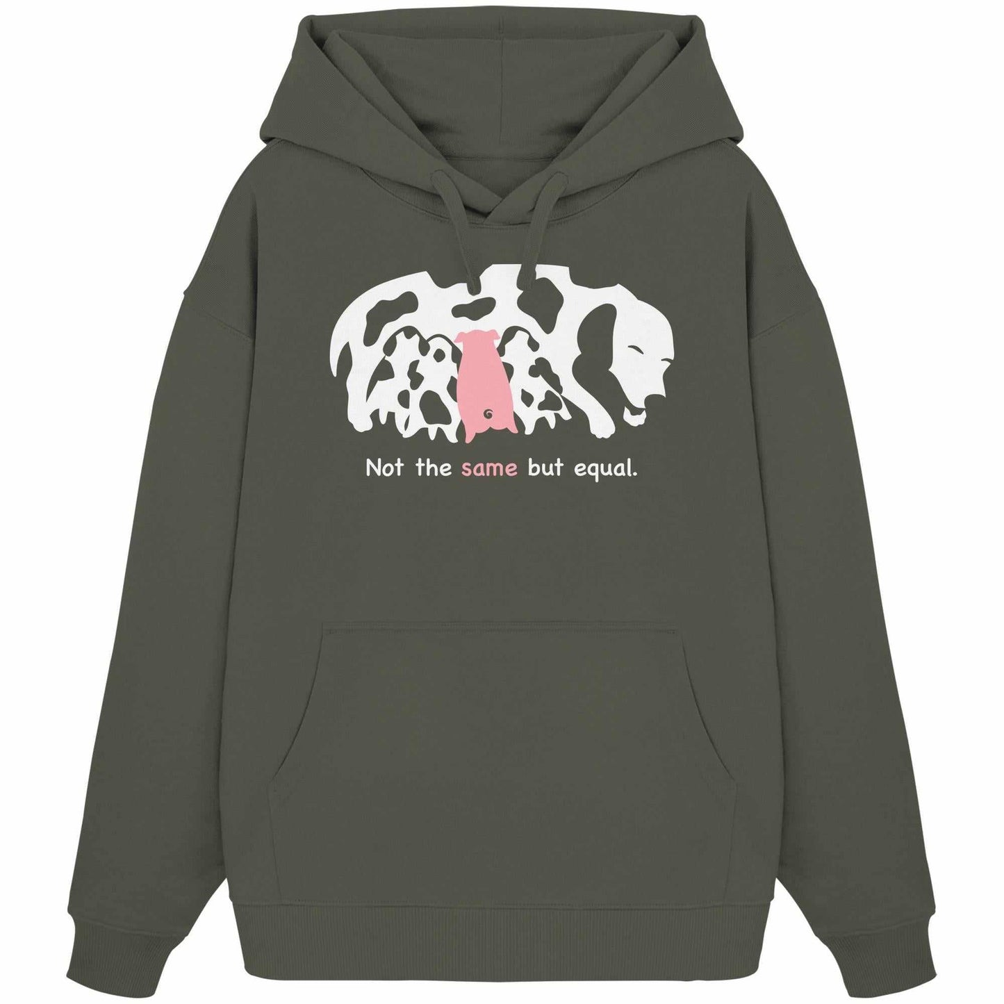 Vegan und Bio Oversized Hoodie: Animal equality, grauer Hoodie mit Hund und Ferkelmotiv, aus 100% Bio-Baumwolle, Kapuze, Kängurutasche, rebellisches Design von RUDE REBEL.