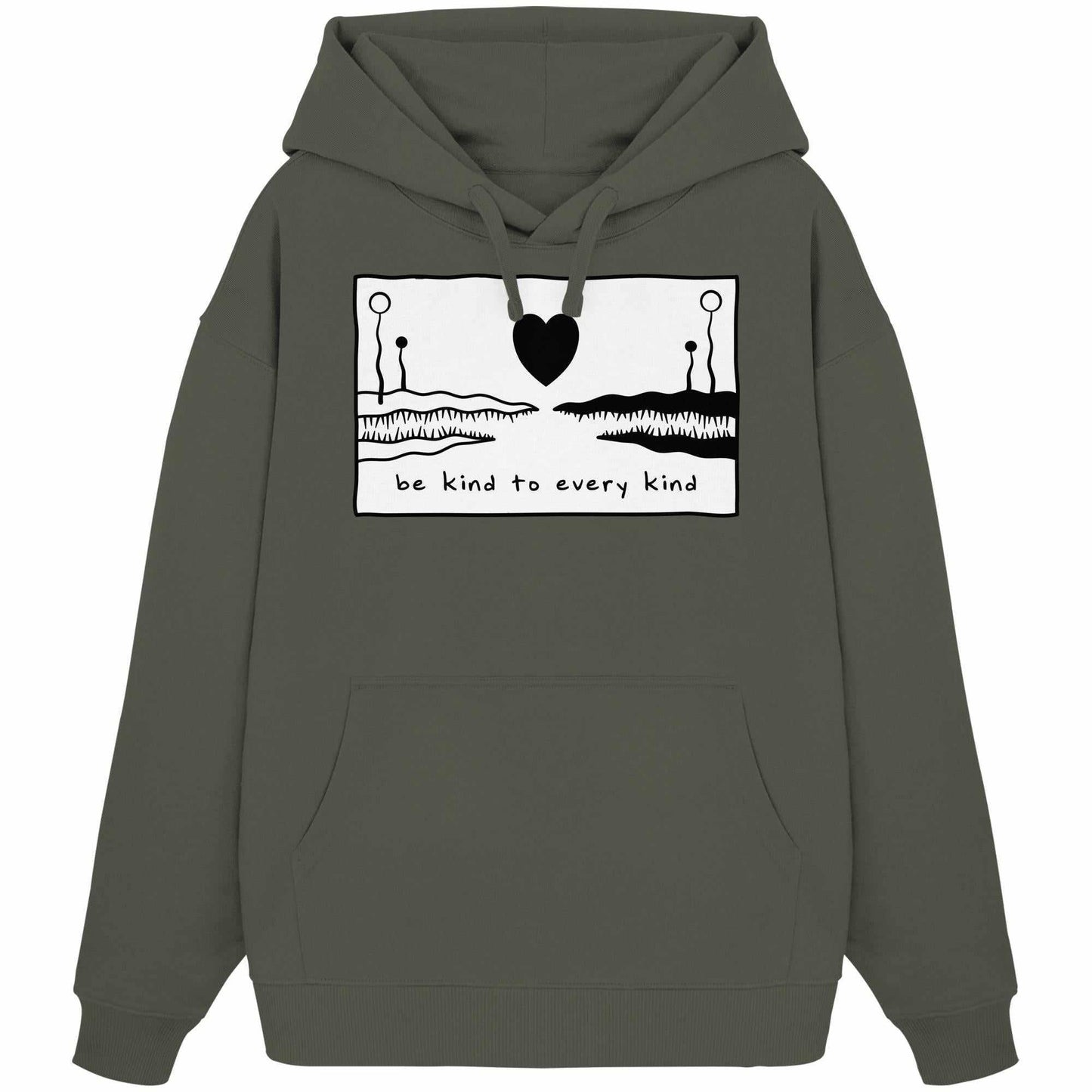 Vegan und Bio Oversized Hoodie mit „Be kind to every kind“-Aufdruck, grauer Hoodie mit einzigartigem, charmantem Design voller Liebe und Charme.