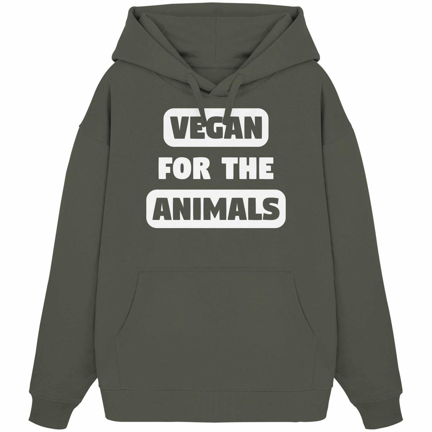Vegan und Bio Oversized Hoodie: VEGAN FOR THE ANIMALS, grauer Hoodie mit weißem Text, Kängurutasche, Kapuze, aus 100% Bio-Baumwolle, rebellisches Design von RUDE REBEL.