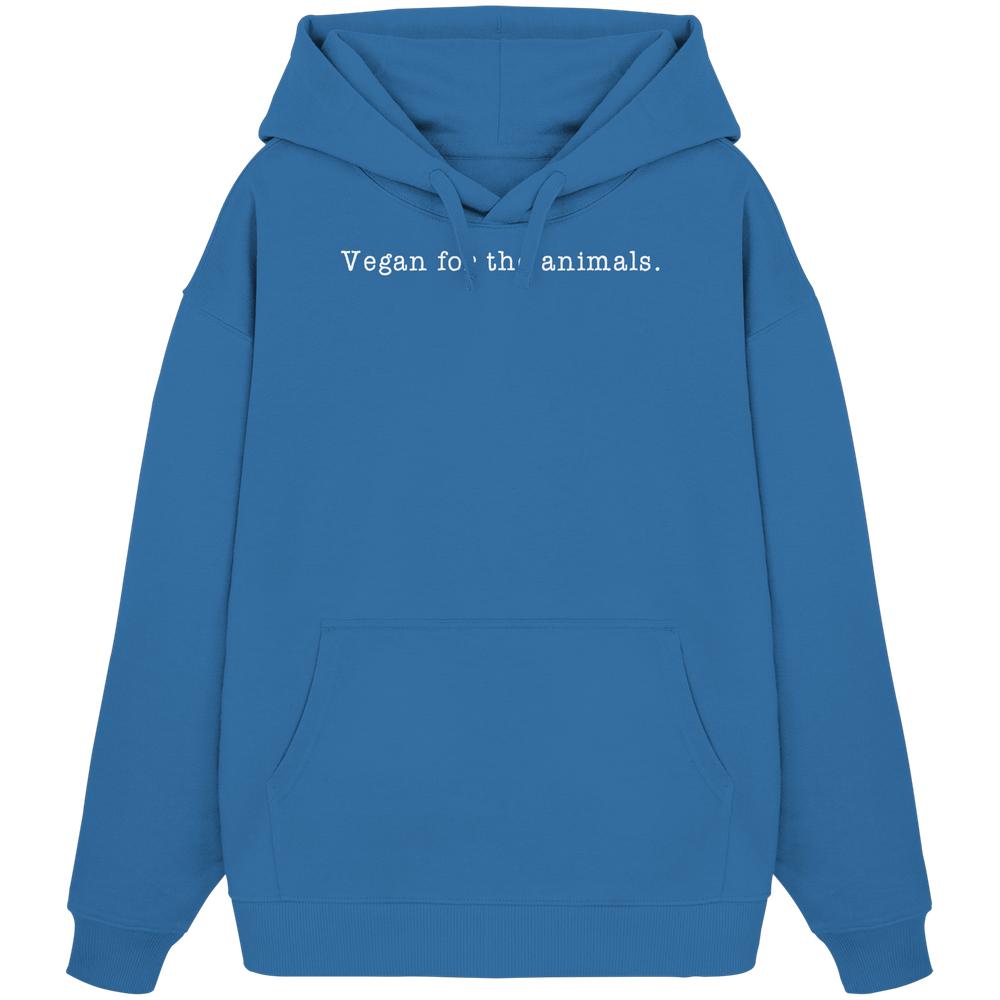 Unisex Oversized Hoodie aus Bio-Baumwolle mit Vegan for the animals.-Schriftzug; minimalistisches Design, Kängurutasche, Kapuze mit Futter, flache Kordeln.