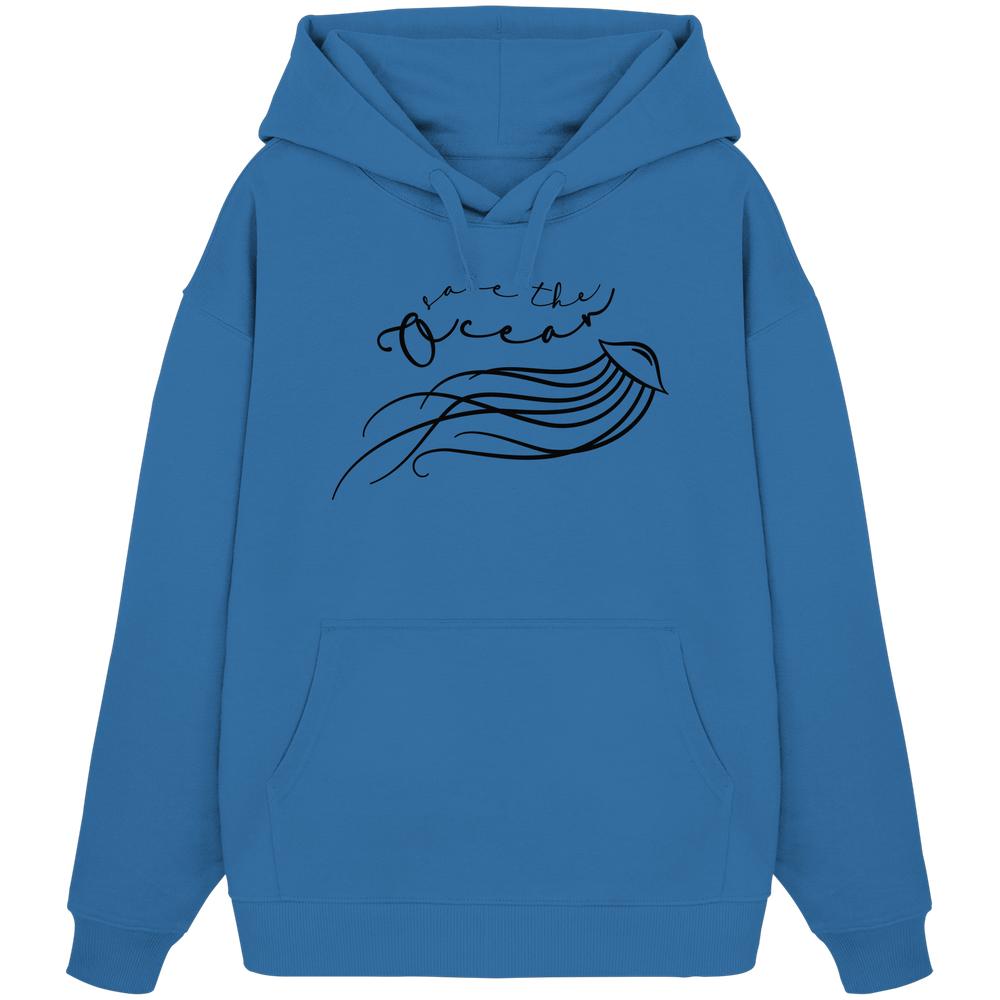 Vegan und Bio Oversized Hoodie: Jellyfish - Save the Ocean, blauer Hoodie mit Kapuze und Kängurutasche, minimalistischer Quallen-Print, 100% Bio-Baumwolle.
