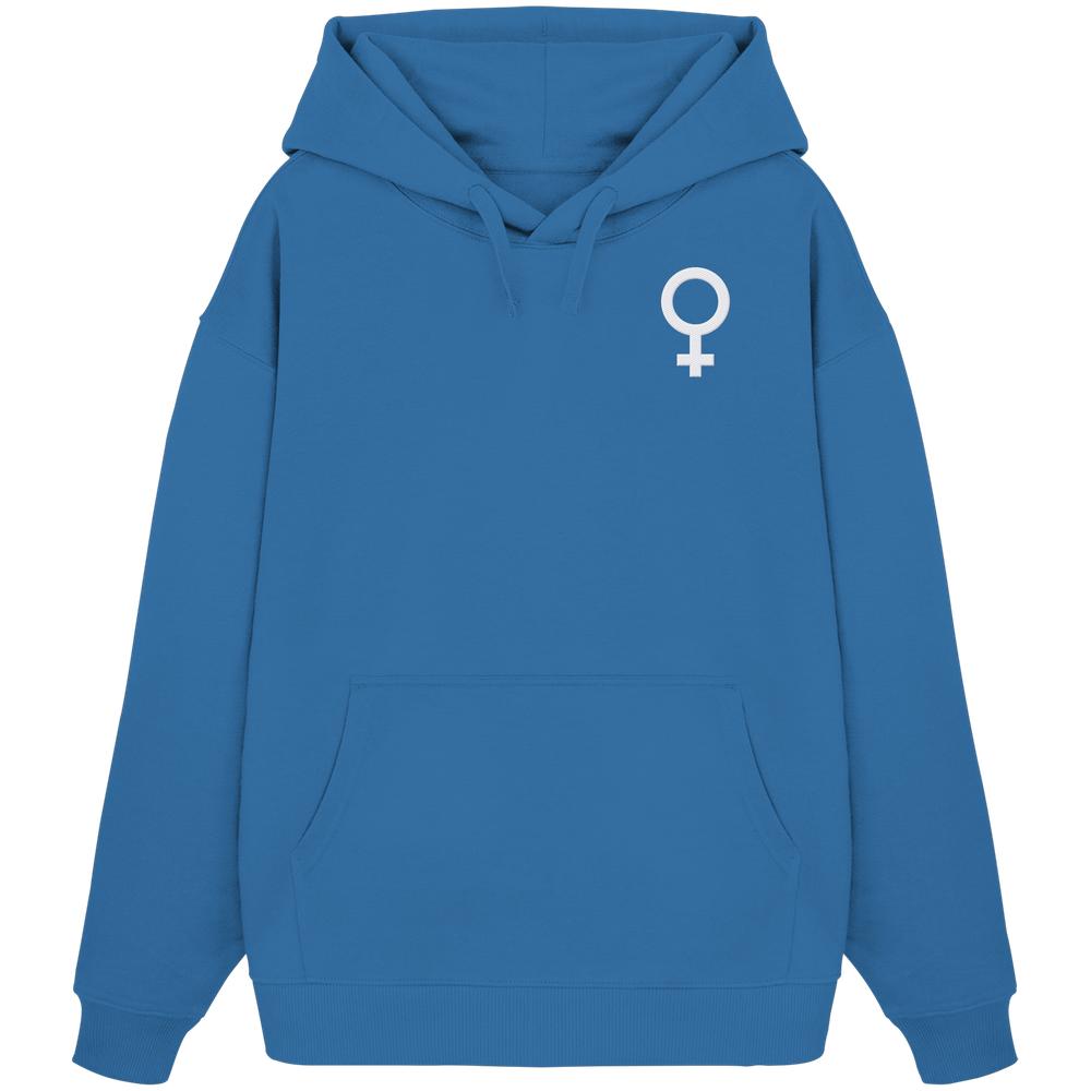 Vegan und Bio Oversized Hoodie bestickt: Das Venussymbol - blauer Pullover mit weißem Venuszeichen auf der Brust, aus 100% Bio-Baumwolle, Kängurutasche, Kapuze mit Kordel.