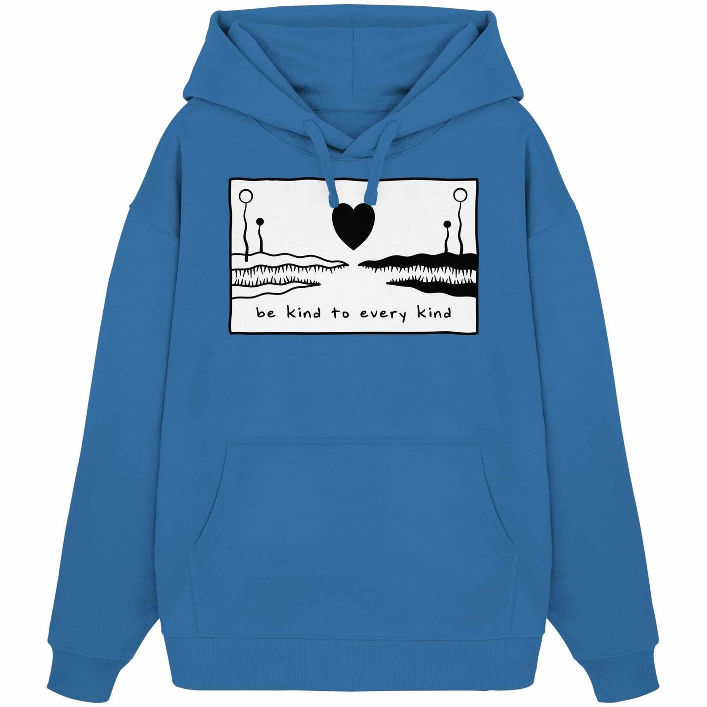 Vegan und Bio Oversized Hoodie mit einem rebellischen Design, das eine Monsterzeichnung zeigt, inspiriert von Liebe und Vielfalt. Enthält Kängurutasche und Kapuze.