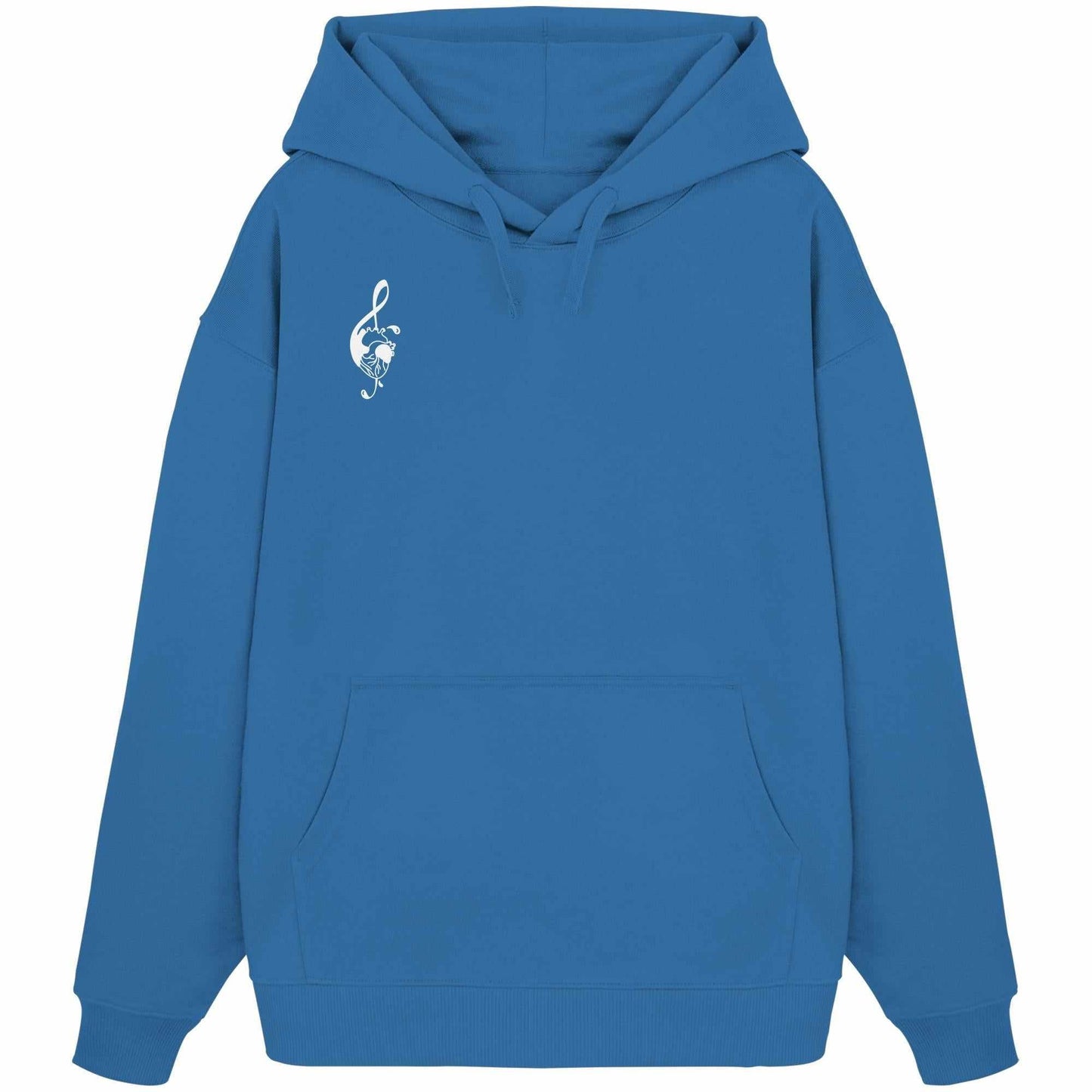Vegan und Bio Oversized Hoodie: Music Heart, blauer Kapuzenpullover mit weißem Herz und Notenschlüssel, aus 100% Bio-Baumwolle, Kängurutasche vorne, von RUDE REBEL.