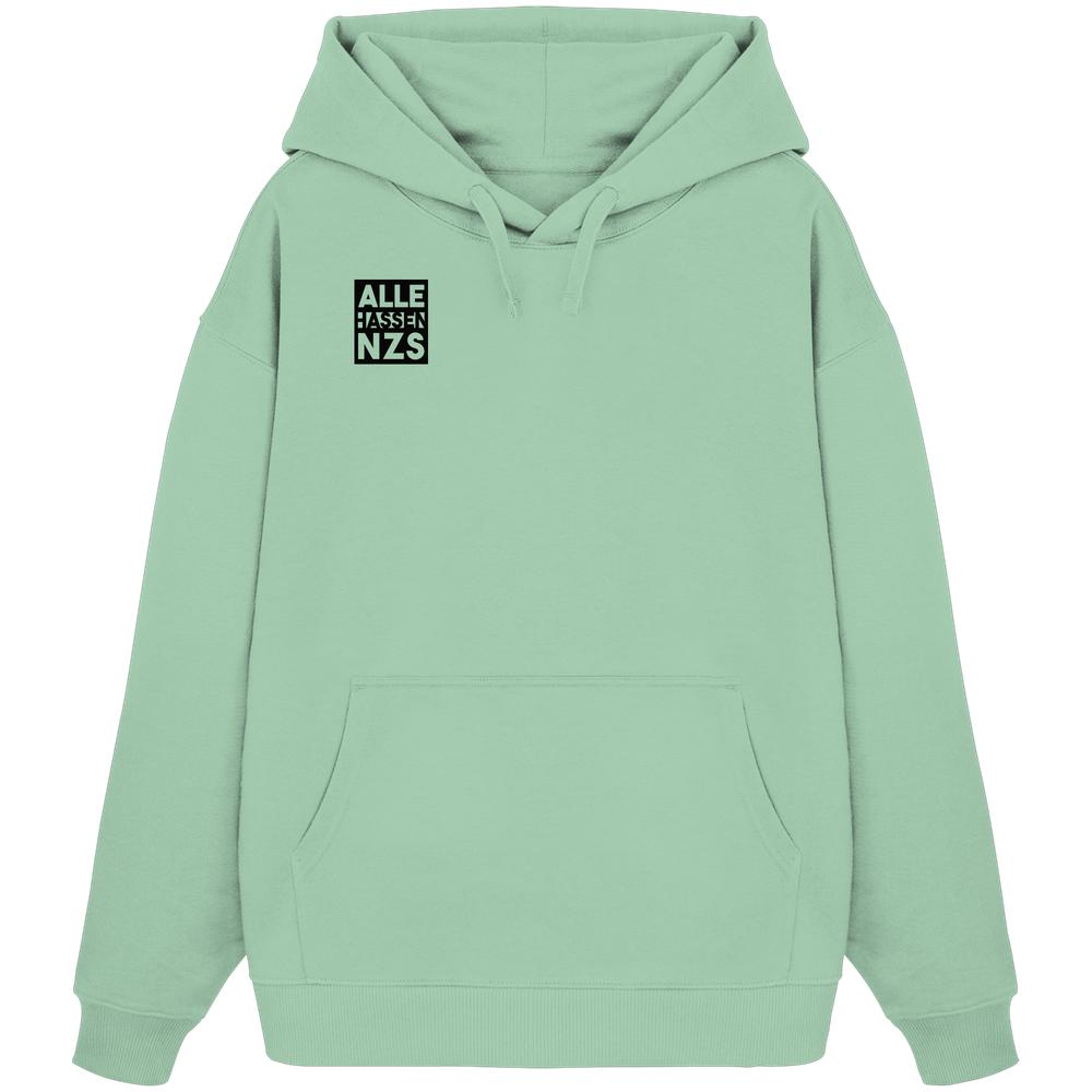 Mintgrüner Oversized-Hoodie mit ALLE HASSEN NZS! Print auf der Brust, Kängurutasche und Kapuze, aus 100% Bio-Baumwolle von RUDE REBEL.