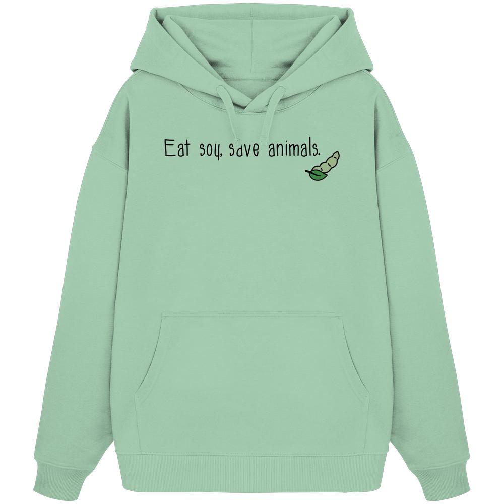 Vegan und Bio Oversized Hoodie mit grüner Bohne, betont Veganismus. Aus 100% Bio-Baumwolle, oversized Schnitt, Kapuze, Kängurutasche. Vegane, nachhaltige Mode von RUDE REBEL.