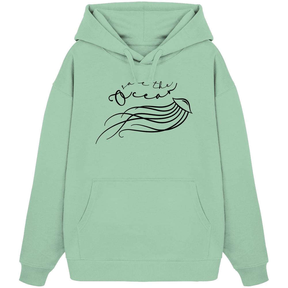 Vegan und Bio Oversized Hoodie: Jellyfish - Save the Ocean mit minimalistischem Quallen-Design und Kapuze, gefertigt aus 100% Bio-Baumwolle, betont nachhaltige Mode.