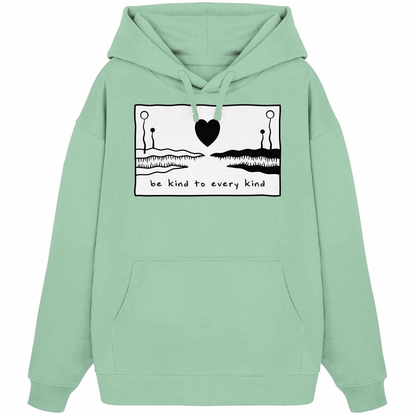 Vegan und Bio Oversized Hoodie: Be kind to every kind, grünes Sweatshirt mit schwarzem Herz, Kapuze, Kängurutasche, aus 100% Bio-Baumwolle von RUDE REBEL.