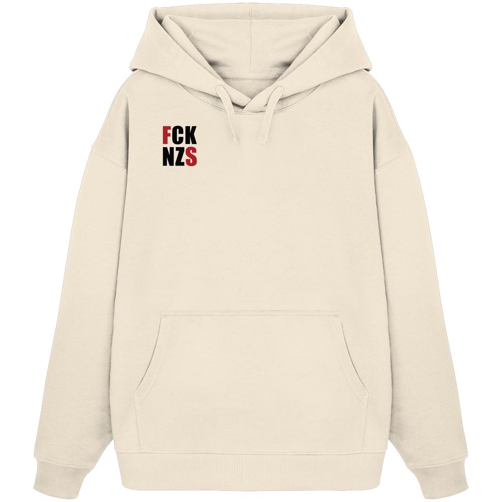 Vegan und Bio Oversized Hoodie: FCK NZS mit roten Highlights, beige, mit Kängurutasche und Kapuze, rebellisches Design aus 100% Bio-Baumwolle, von RUDE REBEL.