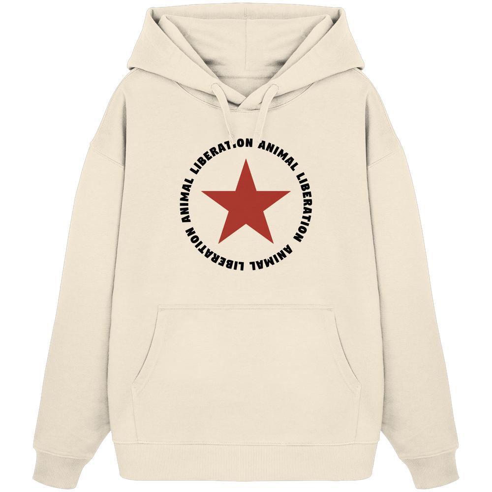 Vegan und Bio Oversized Hoodie: Red Star und Animal Liberation, weiß mit rotem Stern, Kängurutasche, Kapuze, aus 100% Bio-Baumwolle.
